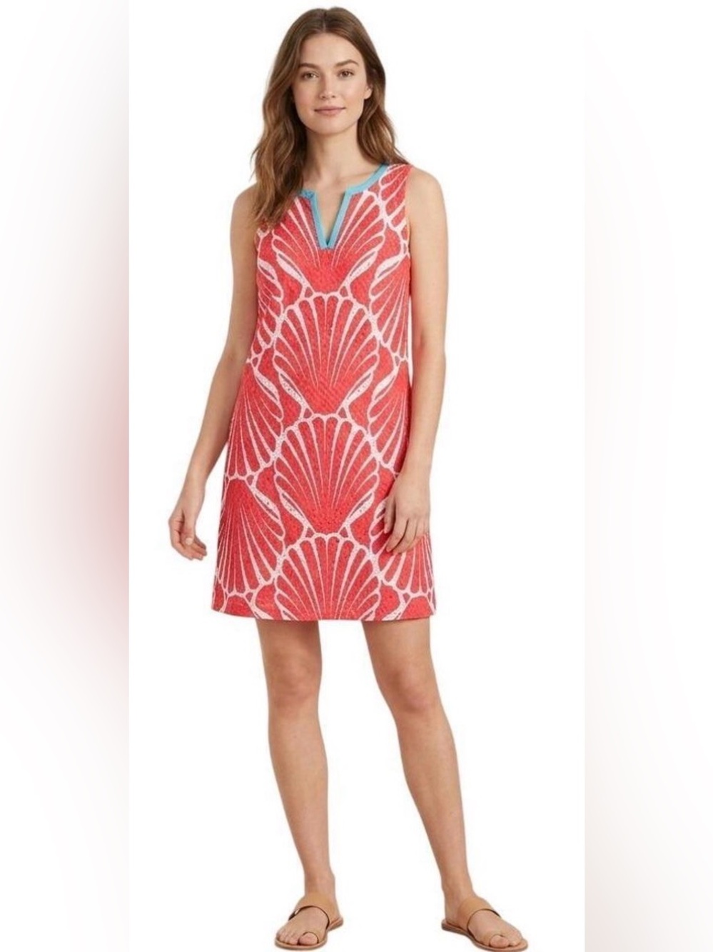 Crown & Ivy embroidered coastal Coral Shell-Print Sleeveless Shift Dress size 10